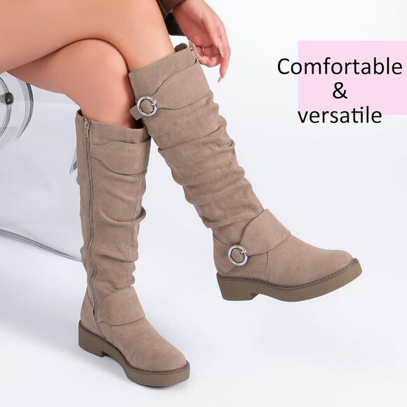 Women's Faux Leather Knee High Boots Flat Platform Casual Style Wide Calf - Picture 5 of 6